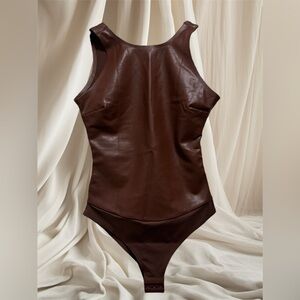 Vegan Leather High Neck Shapewear Bodysuit